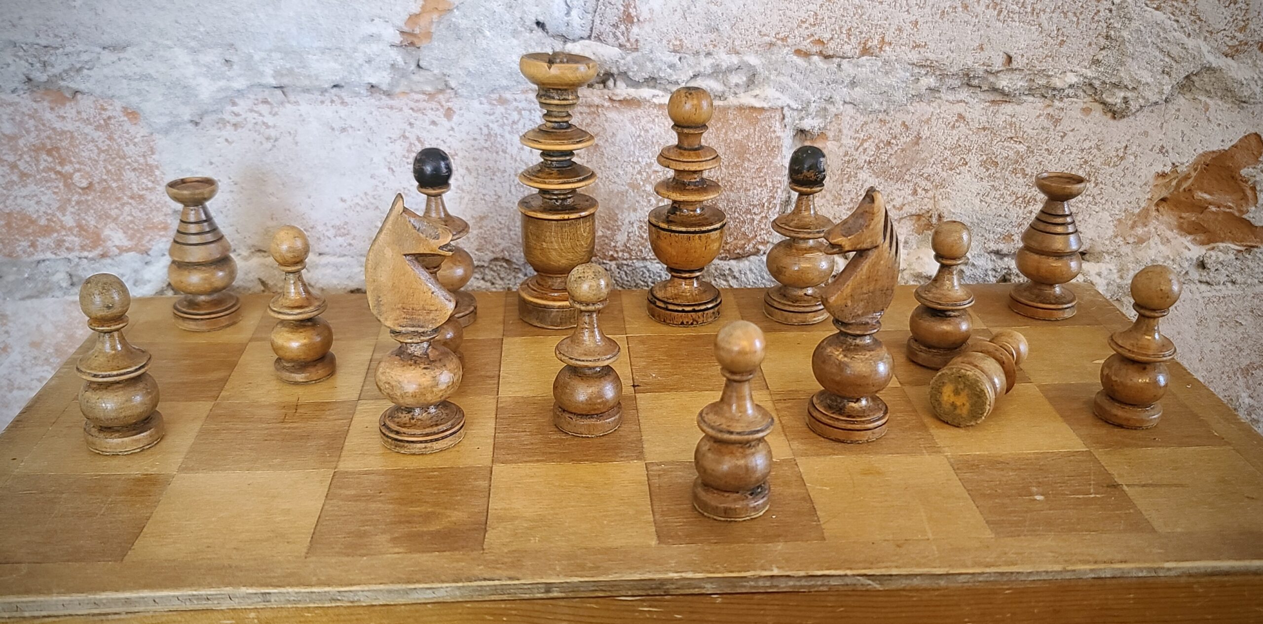 LARGE SIZE Antique French REGENCE PATTERN Turned wood wooden CHESS PIECES,  Set