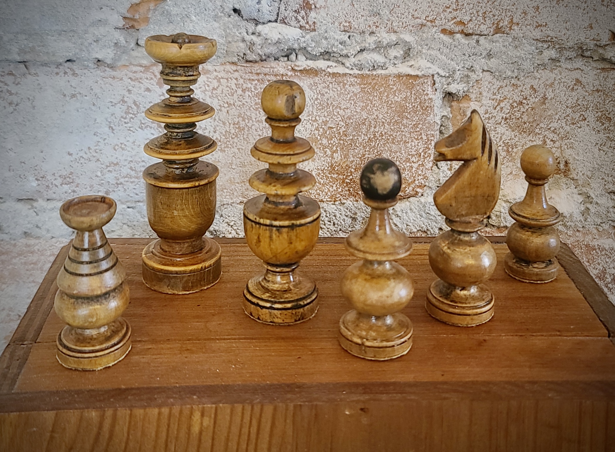 LARGE SIZE Antique French REGENCE PATTERN Turned wood wooden CHESS PIECES,  Set